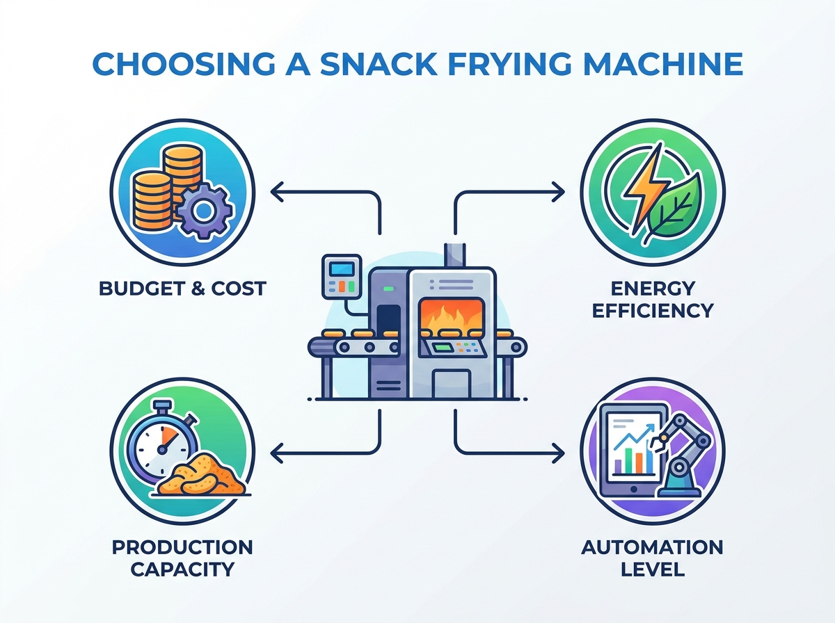 Industrial snack frying machine in a production facility